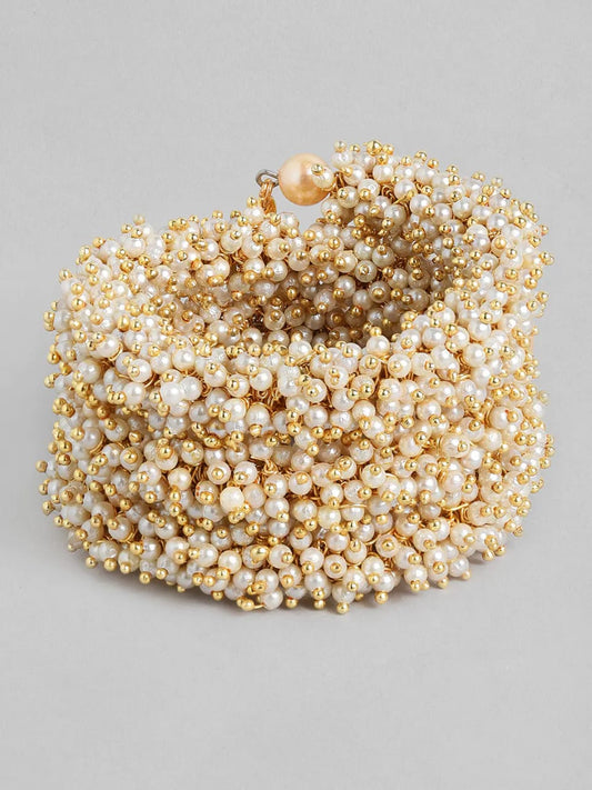 Gold-Toned White Brass Pearls Handcrafted Gold-Plated Cuff Bracelet Free Size