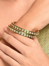 Gold Finish Green Enamelled & Kundan Polki Bangles (Set of 2)