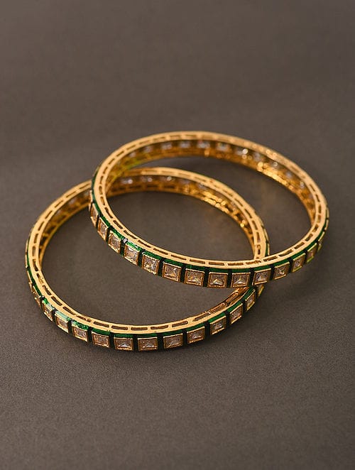Gold Finish Green Enamelled & Kundan Polki Bangles (Set of 2)
