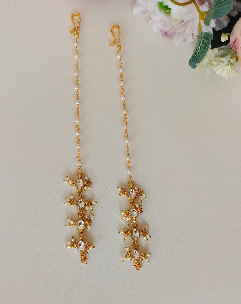 Gold Finish Kundan Polki & Pearl Drop Ear Chains (Set Of 2)