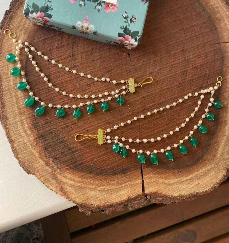 Gold Finish Kundan Polki & Pearl Drop Ear Chains (Set Of 2)