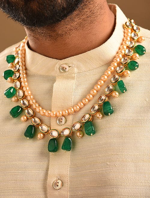 Men's Gold-Plated White & Green Layered Groom Necklace