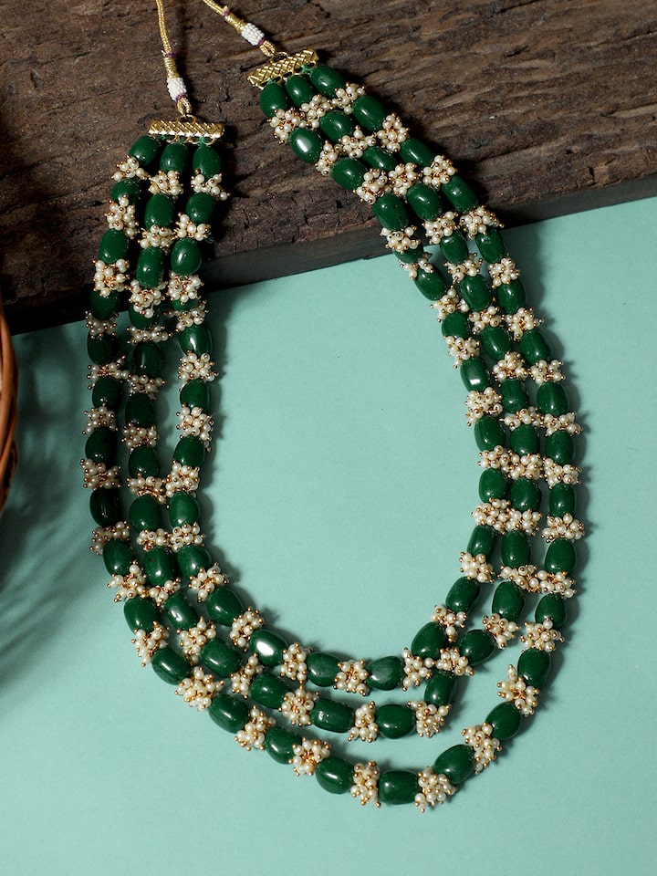 Men's Gold-Plated White & Green Layered Groom Necklace