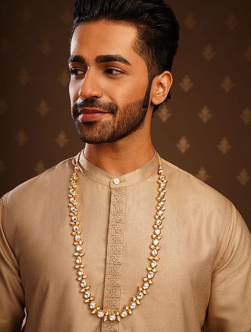 Man's Gold Tone Kundan  Long Groom Necklace