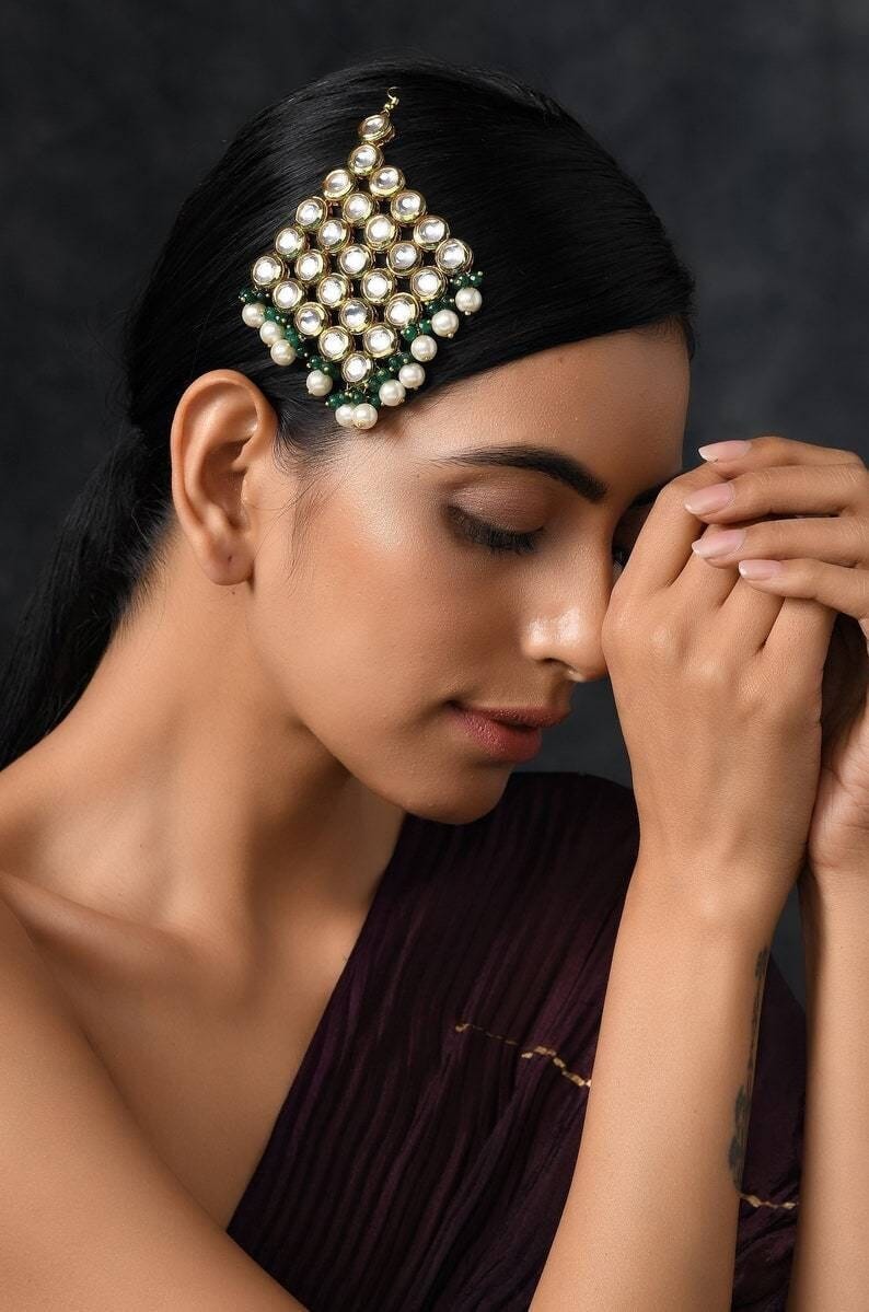 Gold Plated Green Emerald Kundan Passa Bridal Jhoomar Jewellery