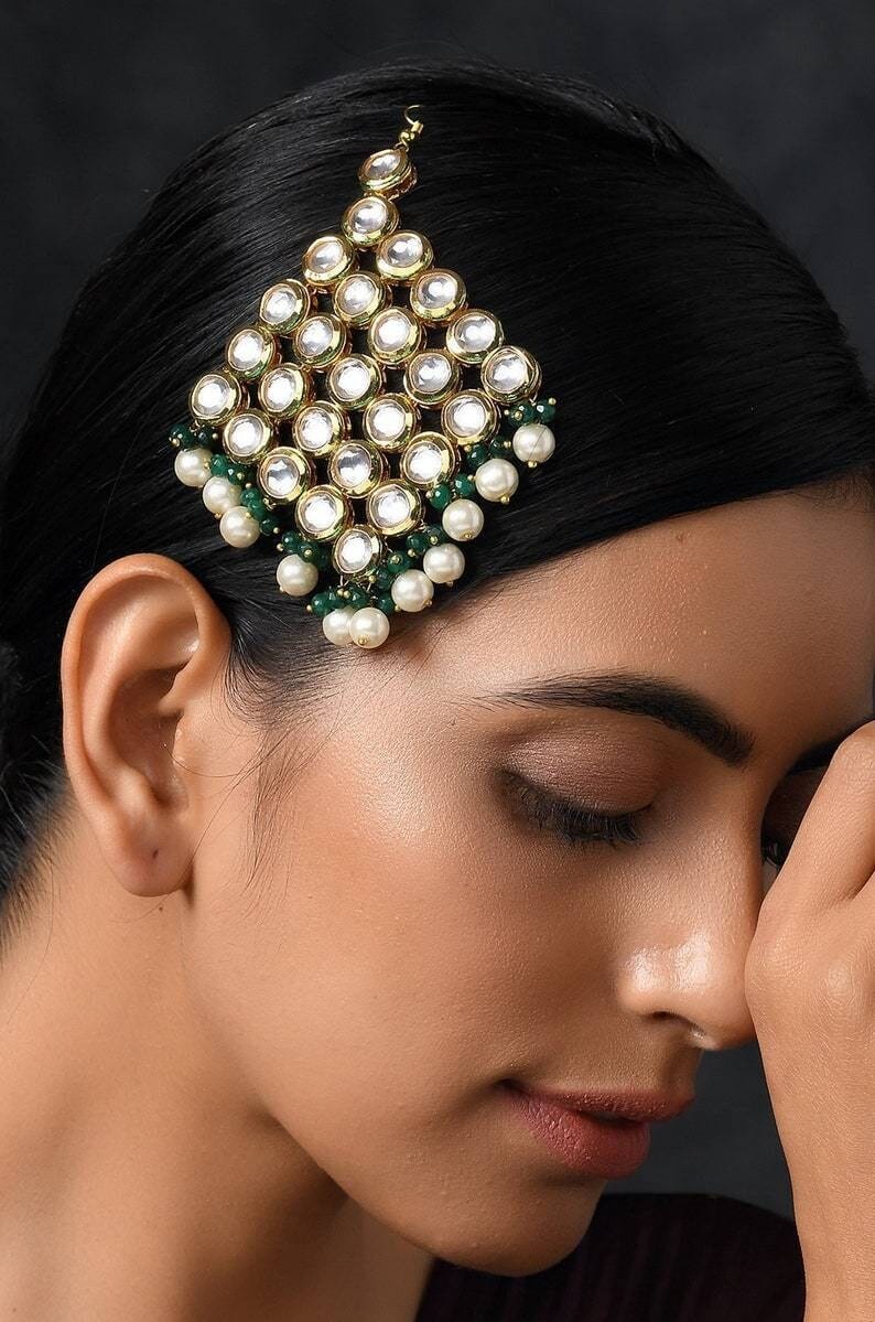 Gold Plated Green Emerald Kundan Passa Bridal Jhoomar Jewellery