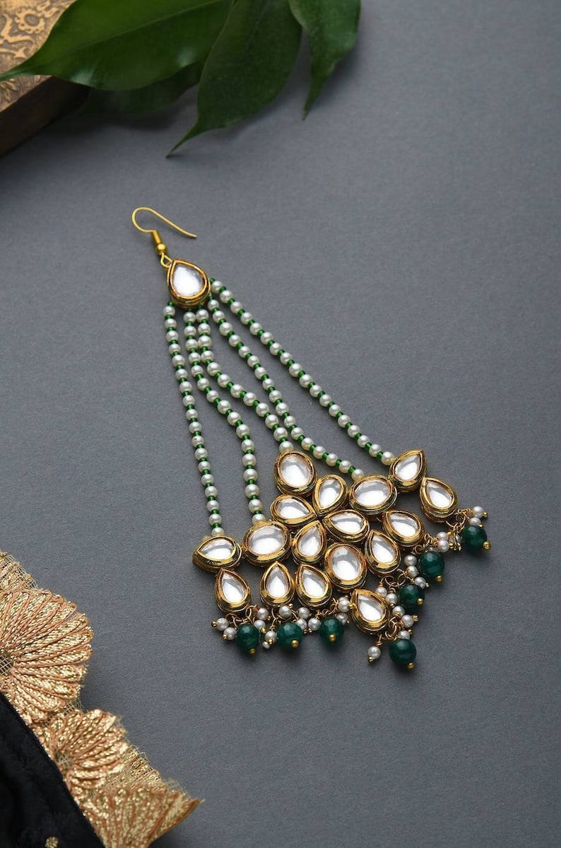 Gold Plated Green Emerald Kundan Passa Bridal Jhoomar Jewellery
