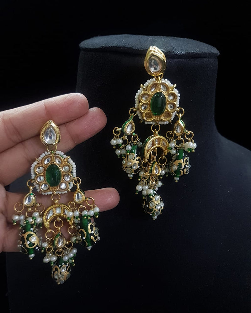 Gold-Plated Kundan & Pearls Studded Drop Earrings