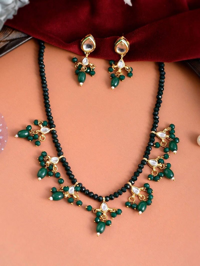 Gold-Plated Green & White Kundan Studded & Beaded Jewellery Set