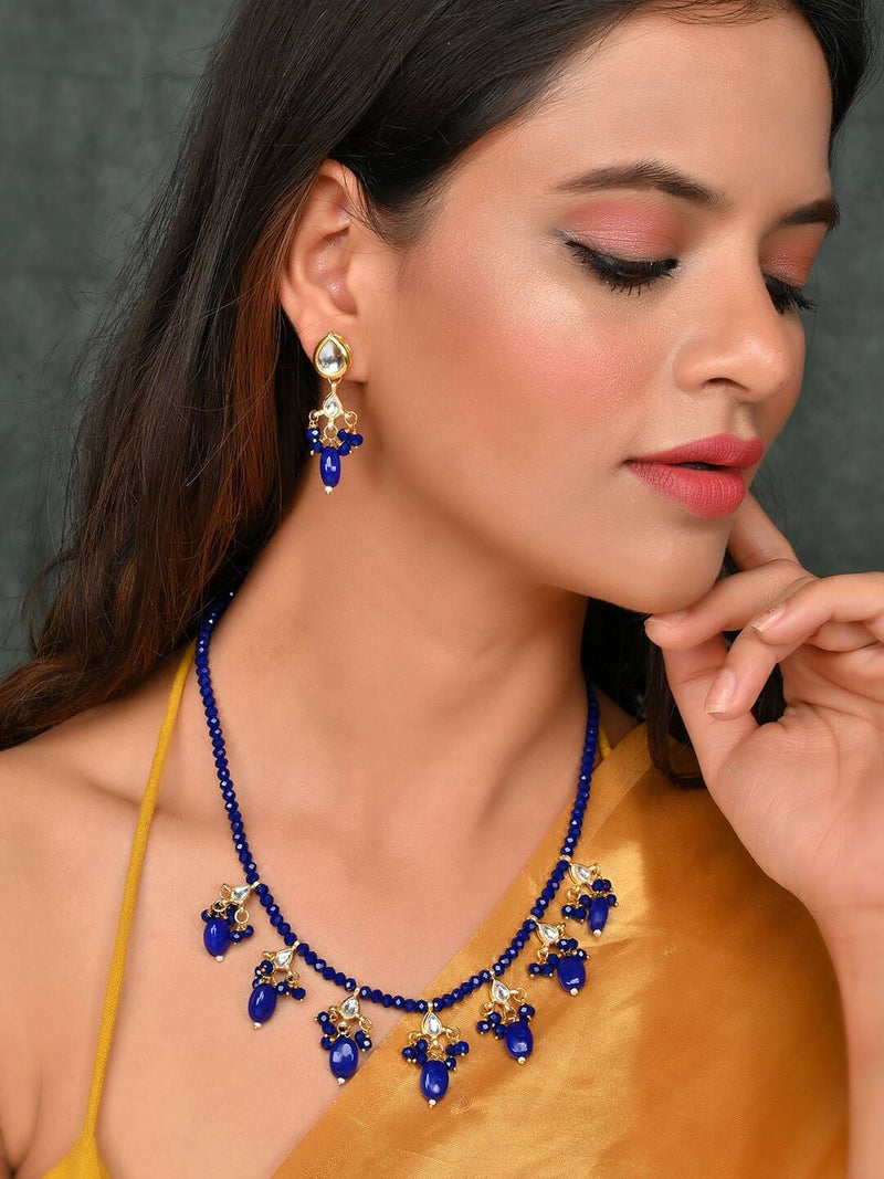 Gold-Plated Blue & White Kundan Studded & Beaded Jewellery Set
