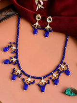 Gold-Plated Blue & White Kundan Studded & Beaded Jewellery Set