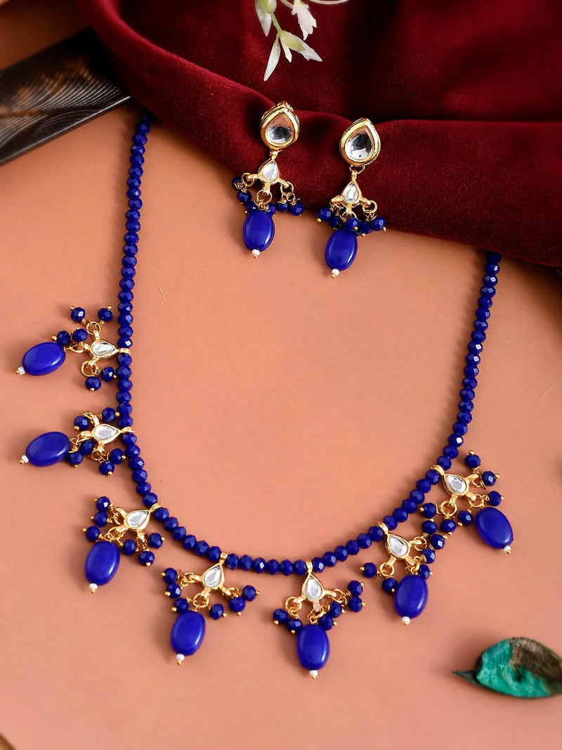 Gold-Plated Blue & White Kundan Studded & Beaded Jewellery Set