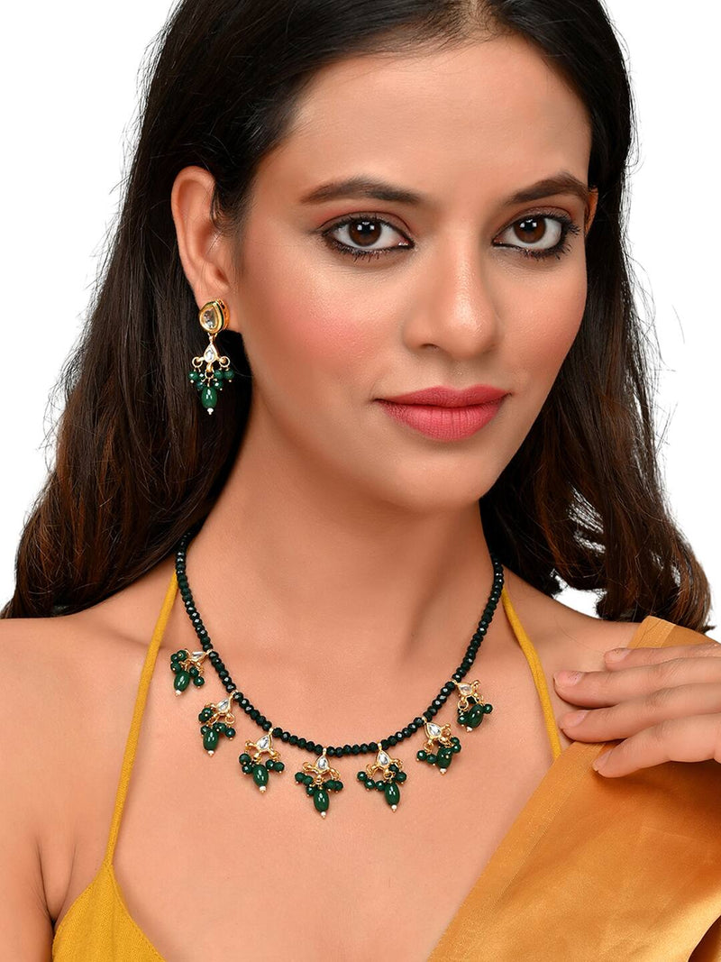 Gold-Plated Green & White Kundan Studded & Beaded Jewellery Set