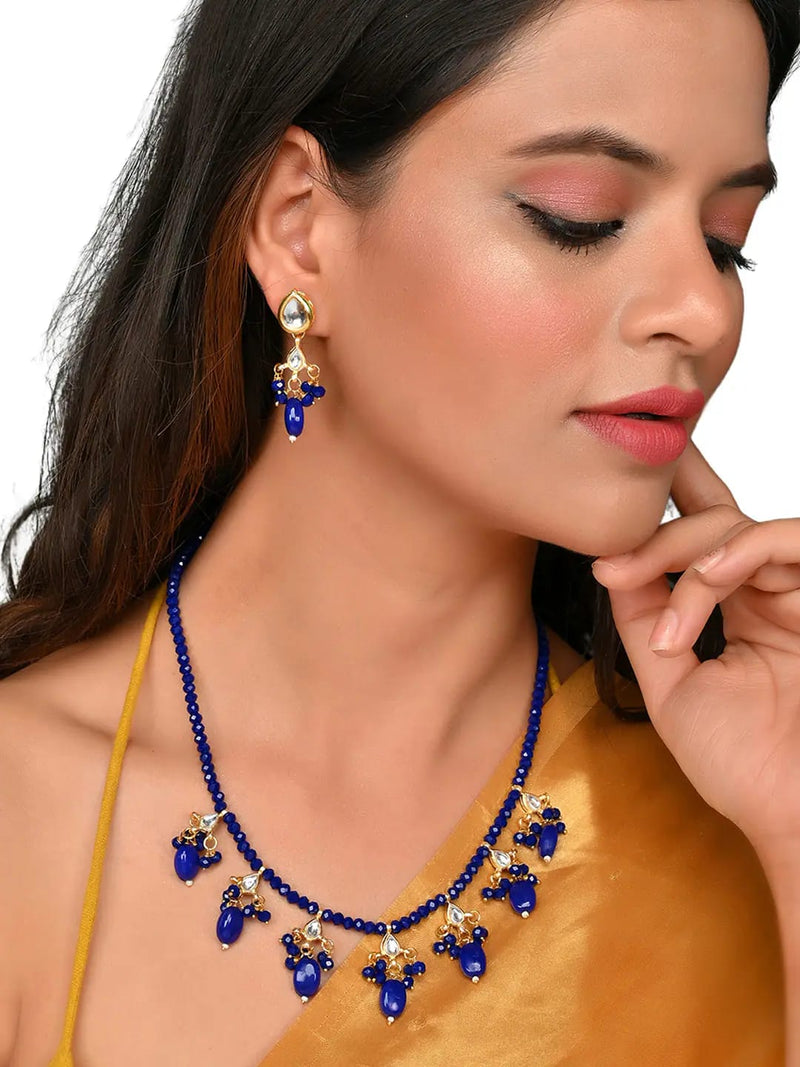 Gold-Plated Blue & White Kundan Studded & Beaded Jewellery Set