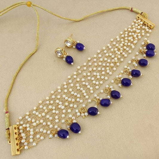 White & Blue Pearl Choker Set