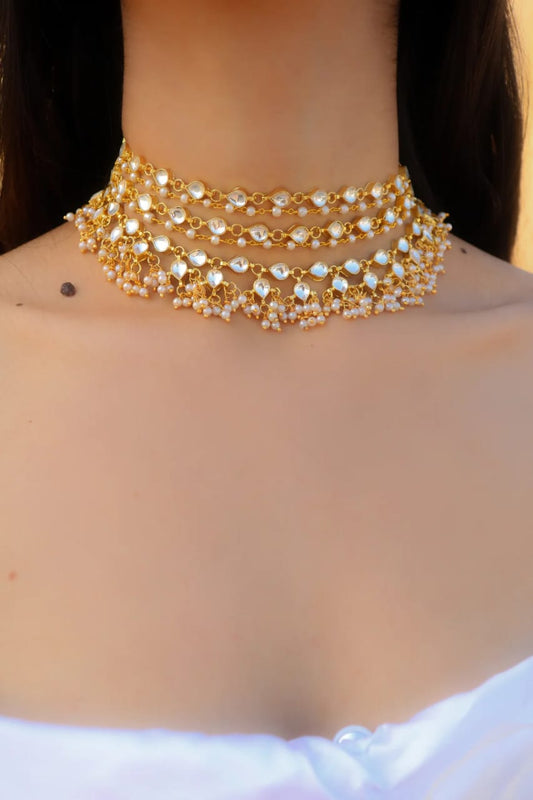 Gold Tone Kundan With Pearl Bead Choker Set
