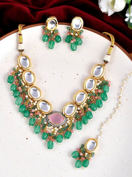 Embellished Kundan Necklace Set With Maangtika