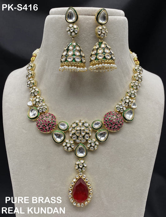 Gold-Plated CZ-Studded & Beaded Nacklace With Earrings