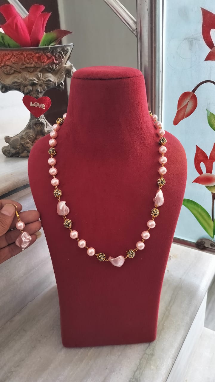Gold Plated Bead & Onyx Stone Multicolor Necklace With Earring