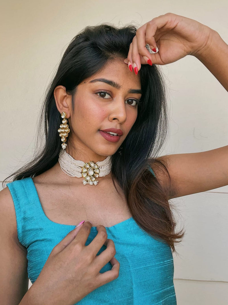Gold Tone Kundan & Pearls Choker Necklace & Earring Set