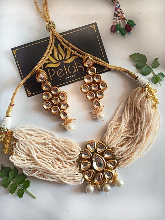 Gold Tone Kundan & Pearls Choker Necklace & Earring Set