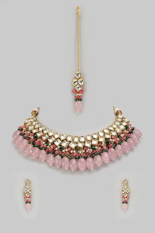 Gold Plated Kundan Polki & Beaded Necklace Set