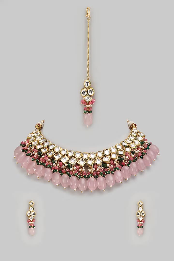 Gold Plated Kundan Polki & Beaded Necklace Set