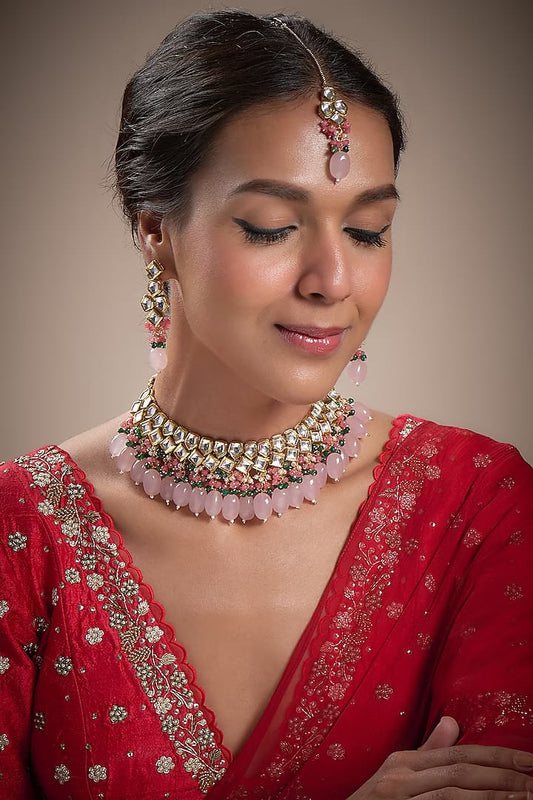 Gold Plated Kundan Polki & Beaded Necklace Set