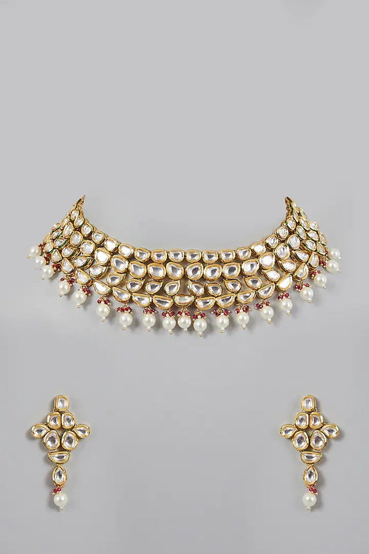 Gold Plated Pearl & Kundan Polki Necklace Set