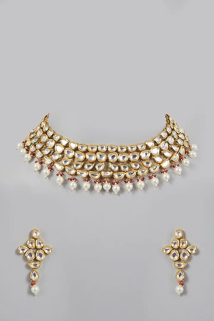 Gold Plated Pearl & Kundan Polki Necklace Set