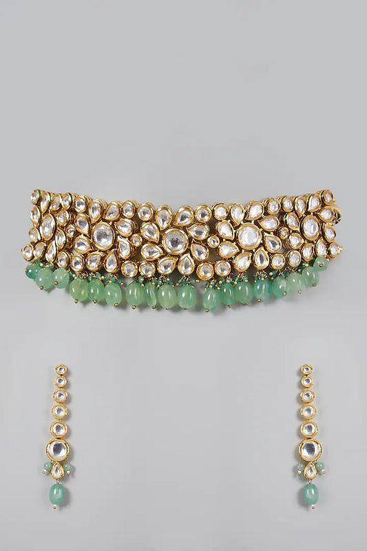 Gold Plated Pearl & Kundan Polki Necklace Set