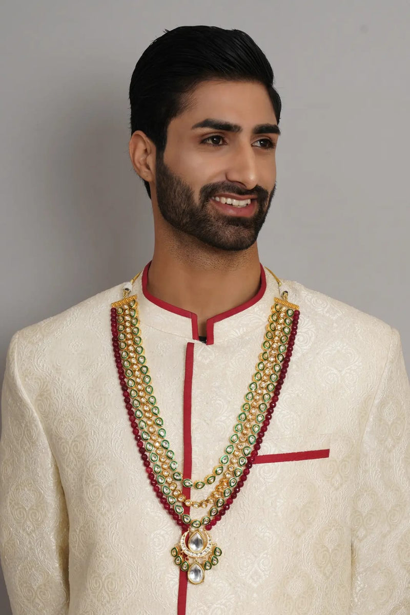 Gold Finish Multi-Colored Faux Stones & Kundan Polki Layered Mala