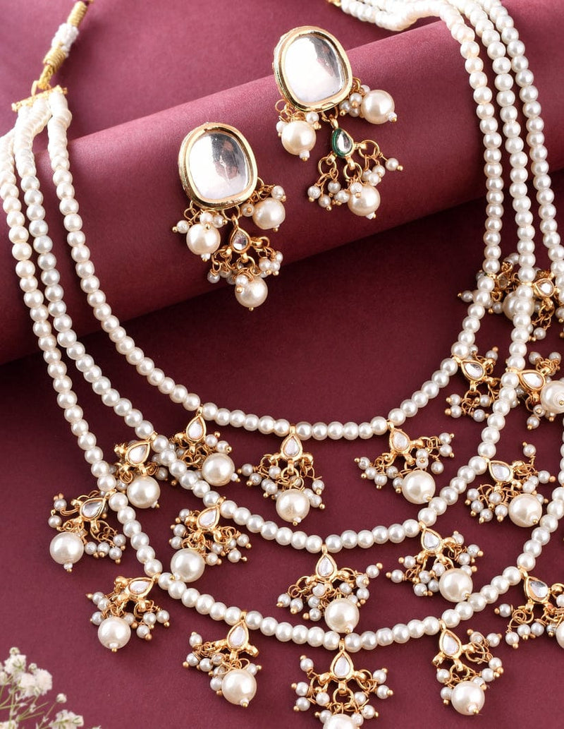 Ethnic Kundan & Pearls Multi Layers Bridal Necklace Set