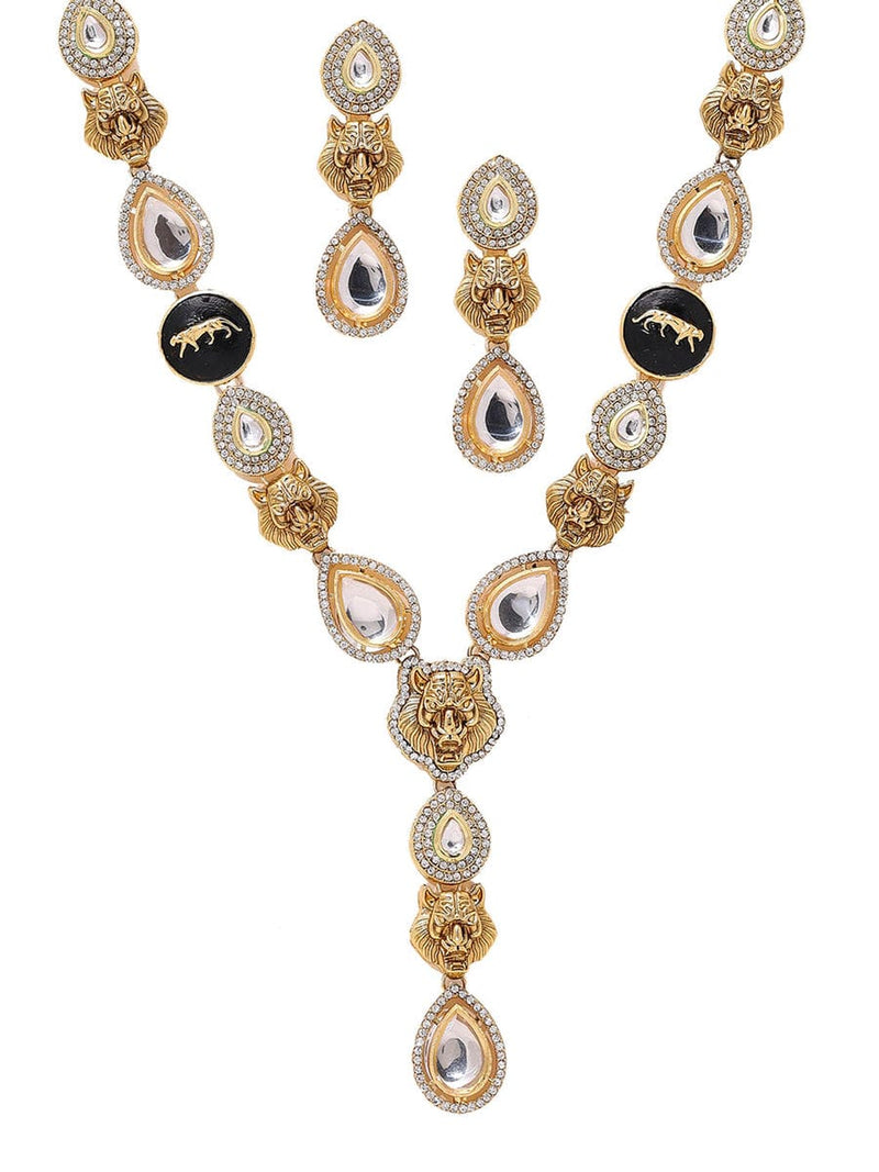 Gold Plated Kundan Polki Embellished Long Necklace With Earring
