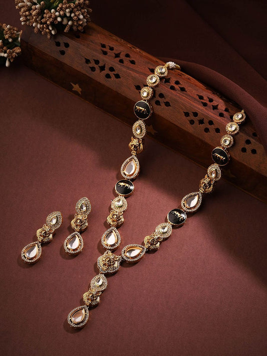 Gold Plated Kundan Polki Embellished Long Necklace With Earring
