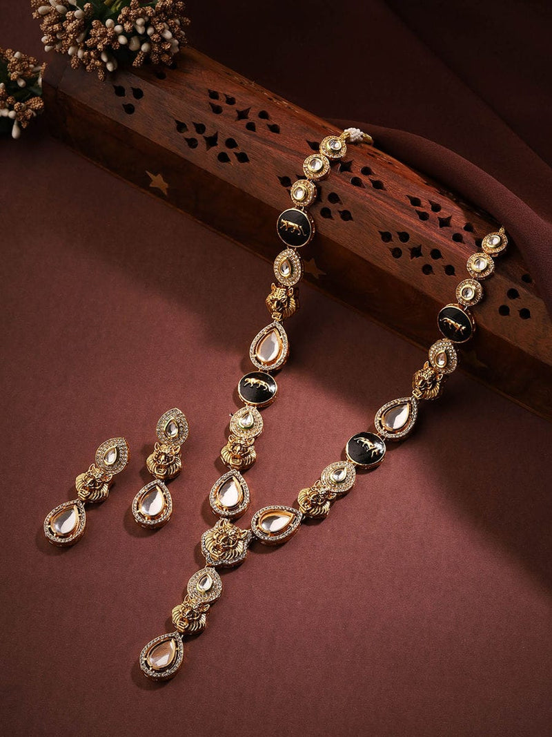 Gold Plated Kundan Polki Embellished Long Necklace With Earring