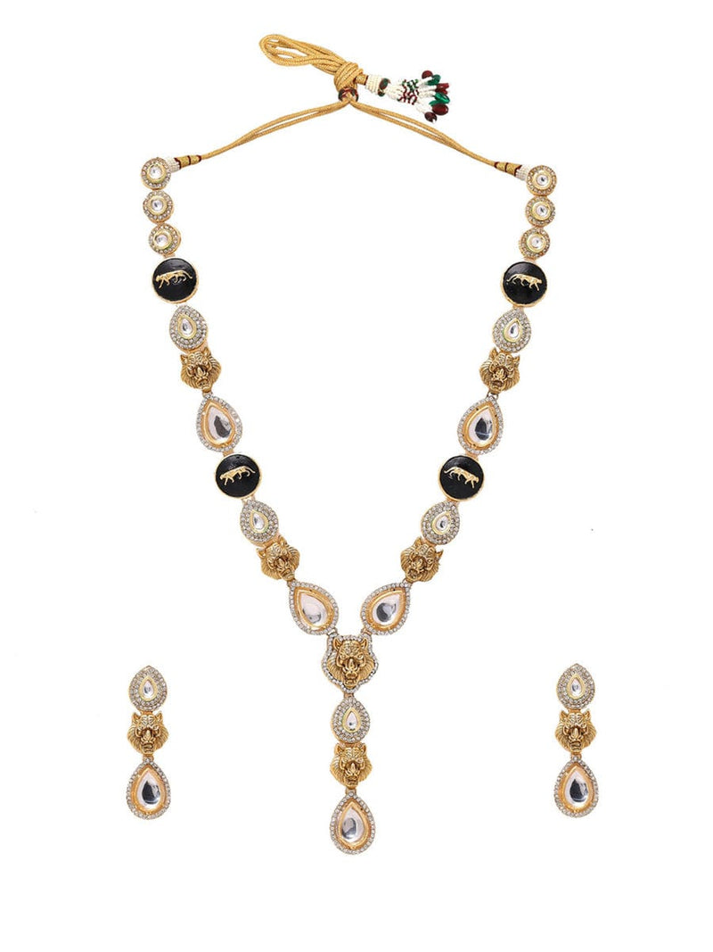 Gold Plated Kundan Polki Embellished Long Necklace With Earring