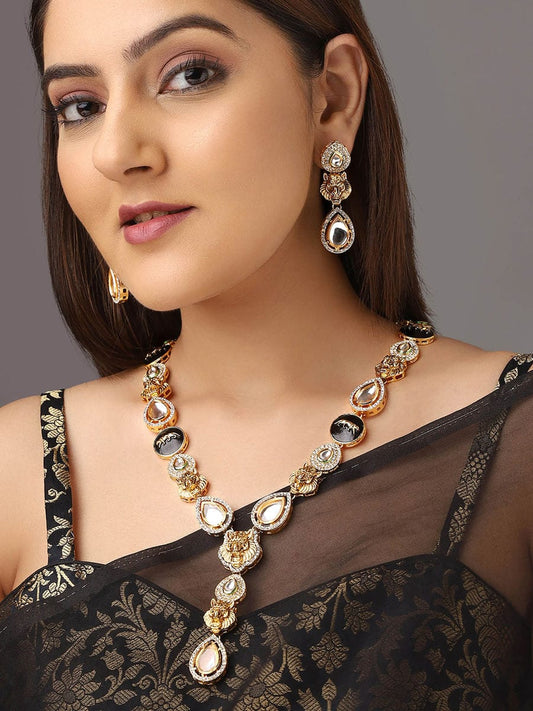 Gold Plated Kundan Polki Embellished Long Necklace With Earring