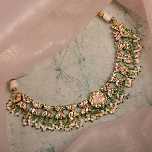 Gold Plated Green Kundan Beads Necklace