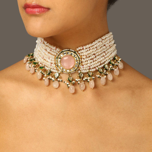 Gold Plated Pearl Studded Choker Necklace & Earrings Set
