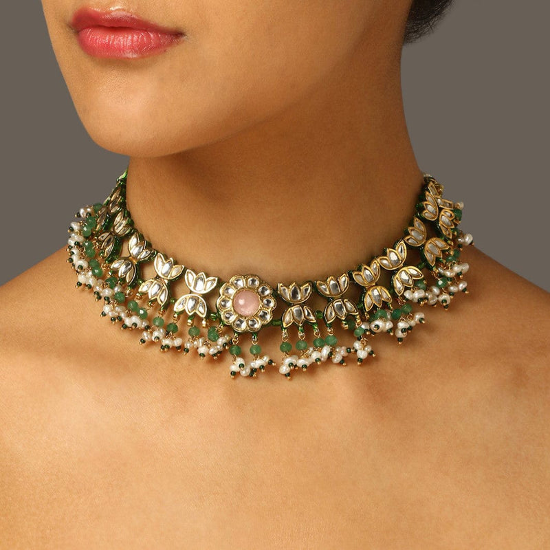 Gold Plated Green Kundan Beads Necklace