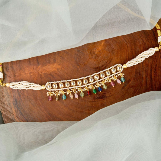 Gold Plated Pearl and Polki Choker Nacklace With Earrings
