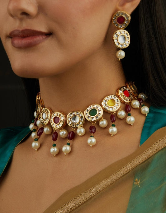 Gold Plated Ethnic Choker Necklace With Earrings