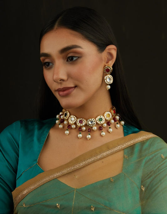 Gold Plated Ethnic Choker Necklace With Earrings