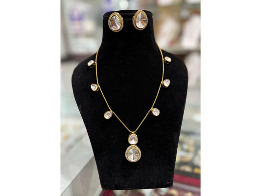 Gold Plated High Quality Polki Necklace With Earrings