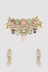 Gold Finish Multi-Colored Kundan Polki Choker Necklace Set