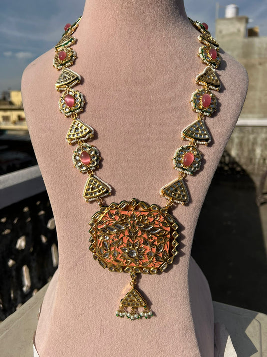 Gold Plated Stone Studded & Beaded Necklace With Earrings