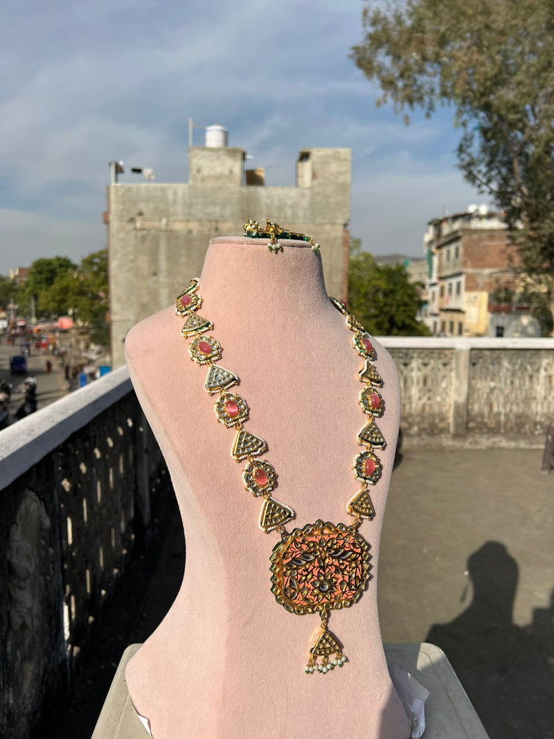 Gold Plated Stone Studded & Beaded Necklace With Earrings