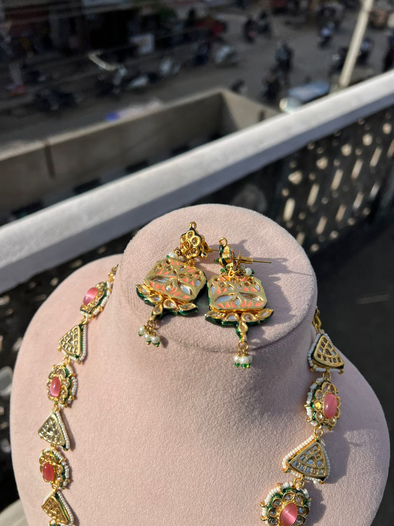 Gold Plated Stone Studded & Beaded Necklace With Earrings