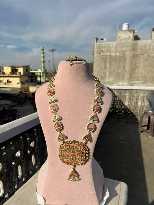 Gold Plated Stone Studded & Beaded Necklace With Earrings